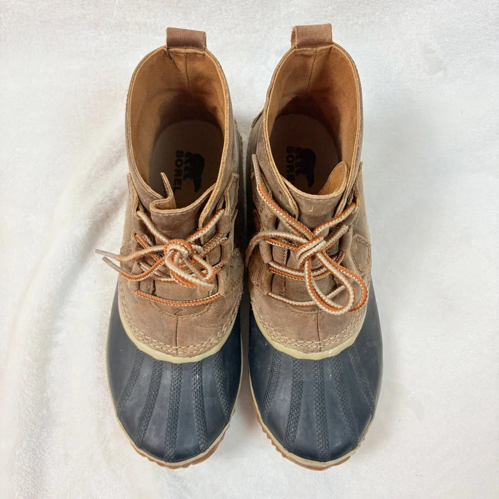 Sorel Out N About Waterproof Leather Duck Boots‎ Women Sz 8.5 Tan Black Ankle